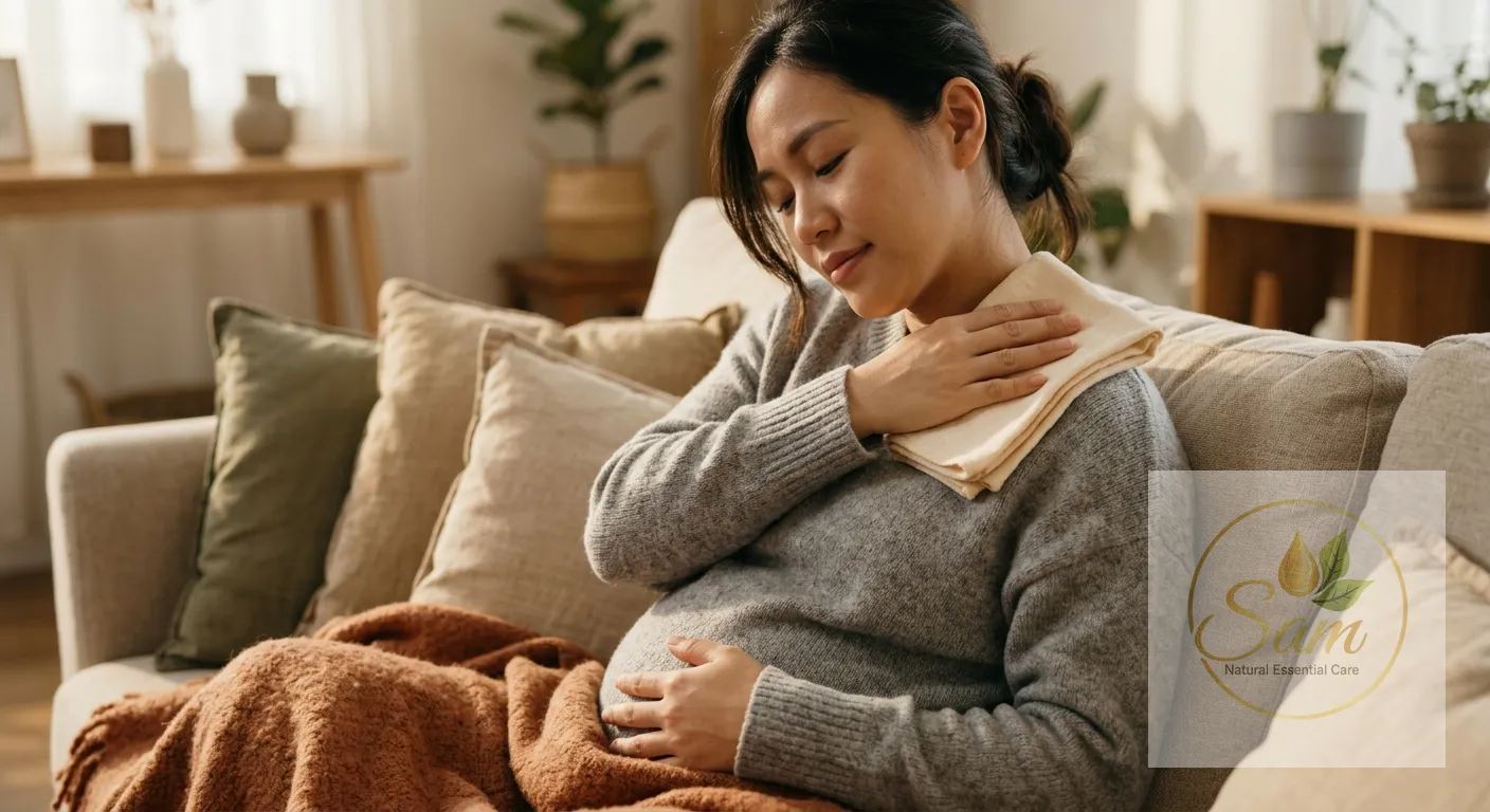 Mẹ bầu chườm ấm vùng vai gáy bằng khăn ấm trên sofa
