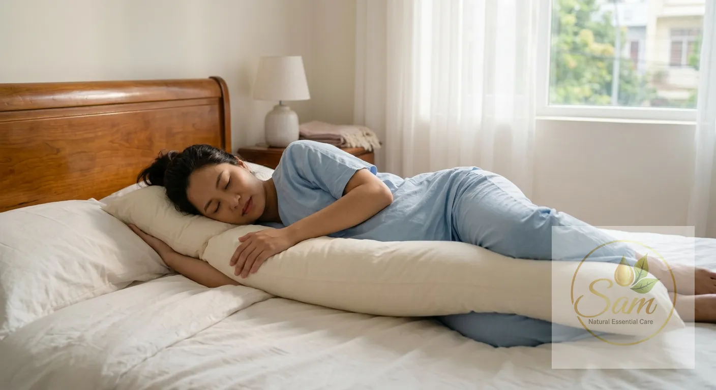 Mẹ bầu ngủ nghiêng với gối ôm dài đỡ lưng và đầu gối