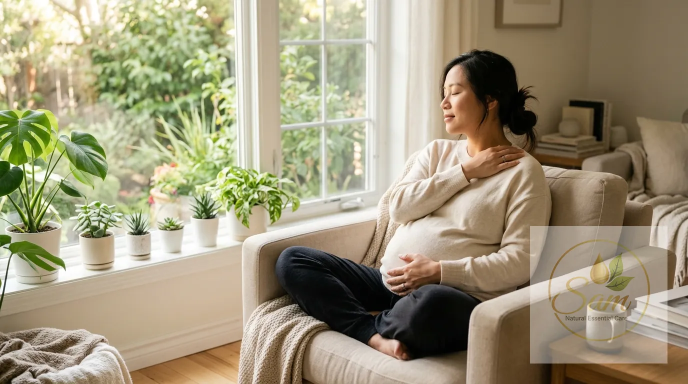 Mẹ bầu ngồi thư giãn bên cửa sổ buổi sáng