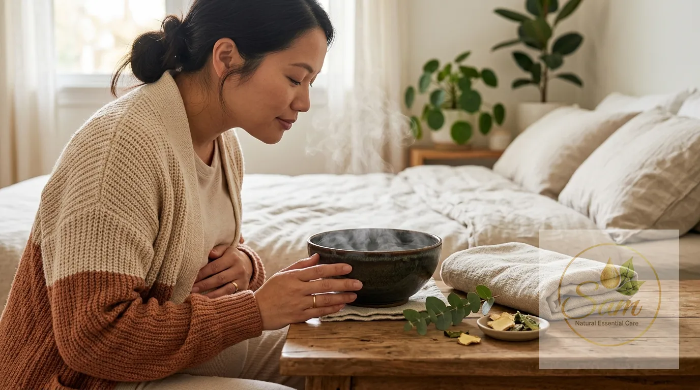 Mẹ bầu xông hơi nước ấm để dễ thở hơn khi bị ngạt mũi