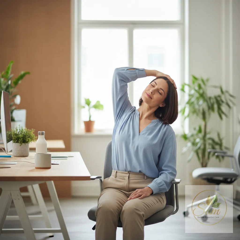 Người ngồi trên ghế văn phòng nghiêng đầu giãn cơ cổ vai gáy đúng tư thế