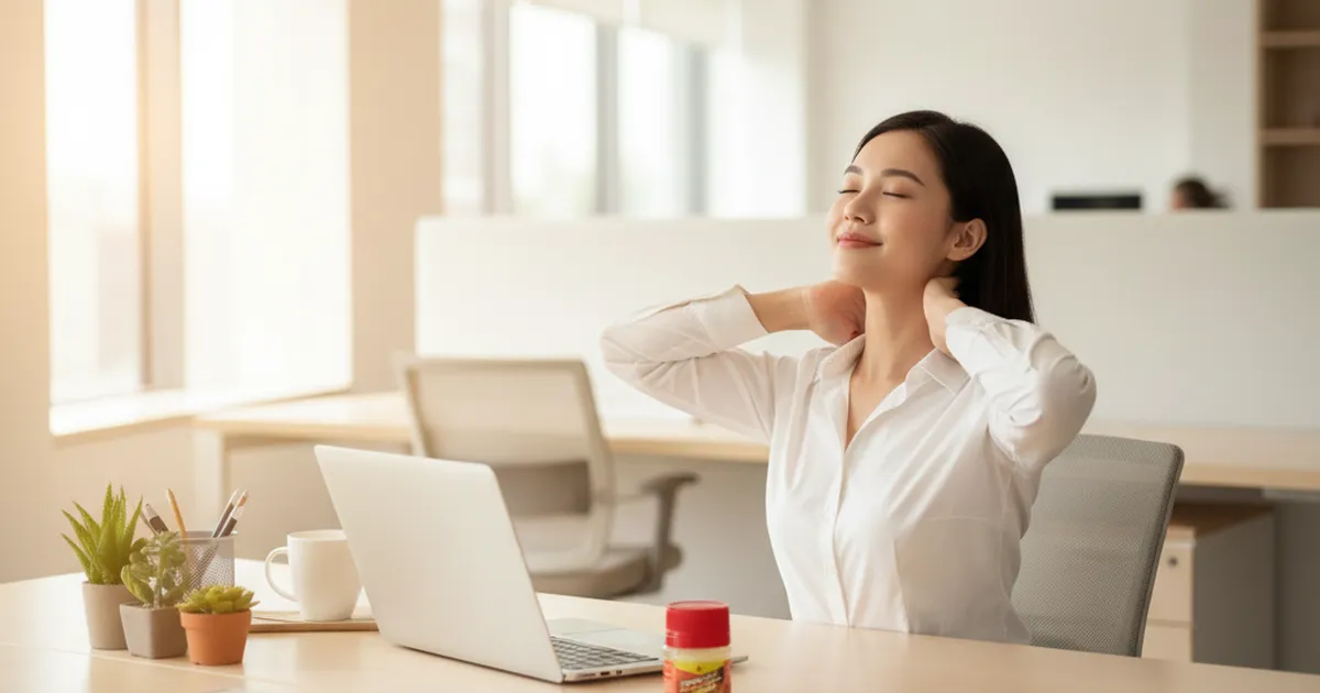 Nhân viên văn phòng giãn cơ cổ vai gáy bên bàn làm việc với lọ dầu nóng đặt cạnh laptop