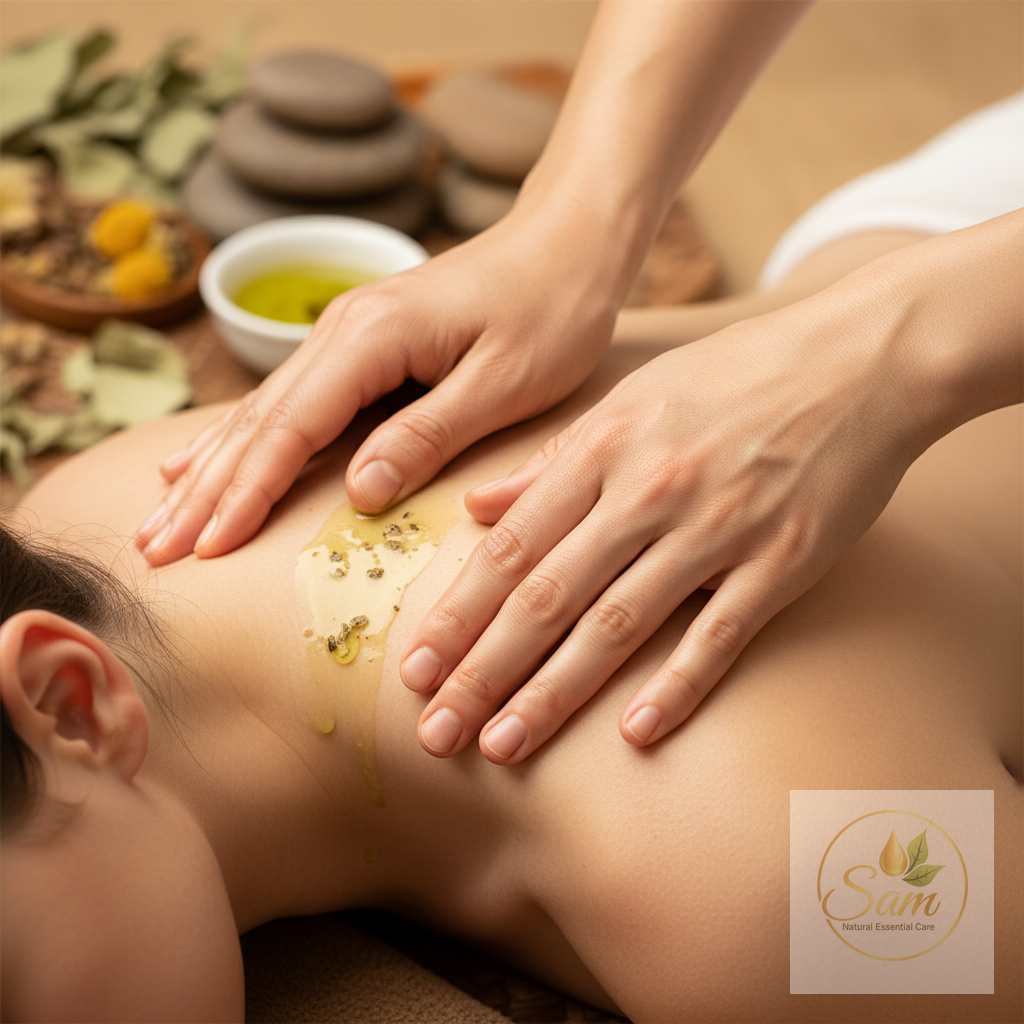 Massage vai gáy với dầu gió thảo dược