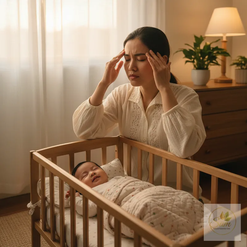 Mẹ dùng dầu gió bên cạnh bé ngủ