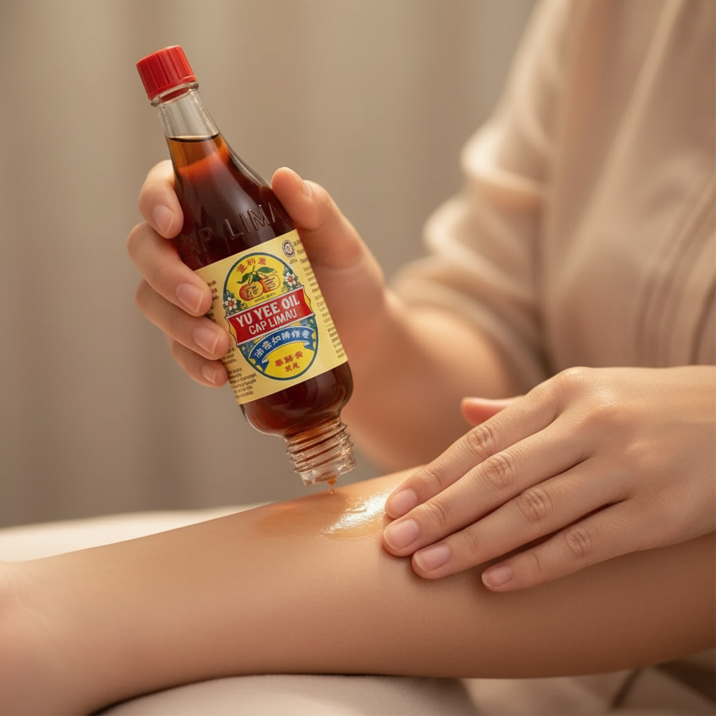 Mẹ đang thoa Yu Yee Oil lên vùng đau