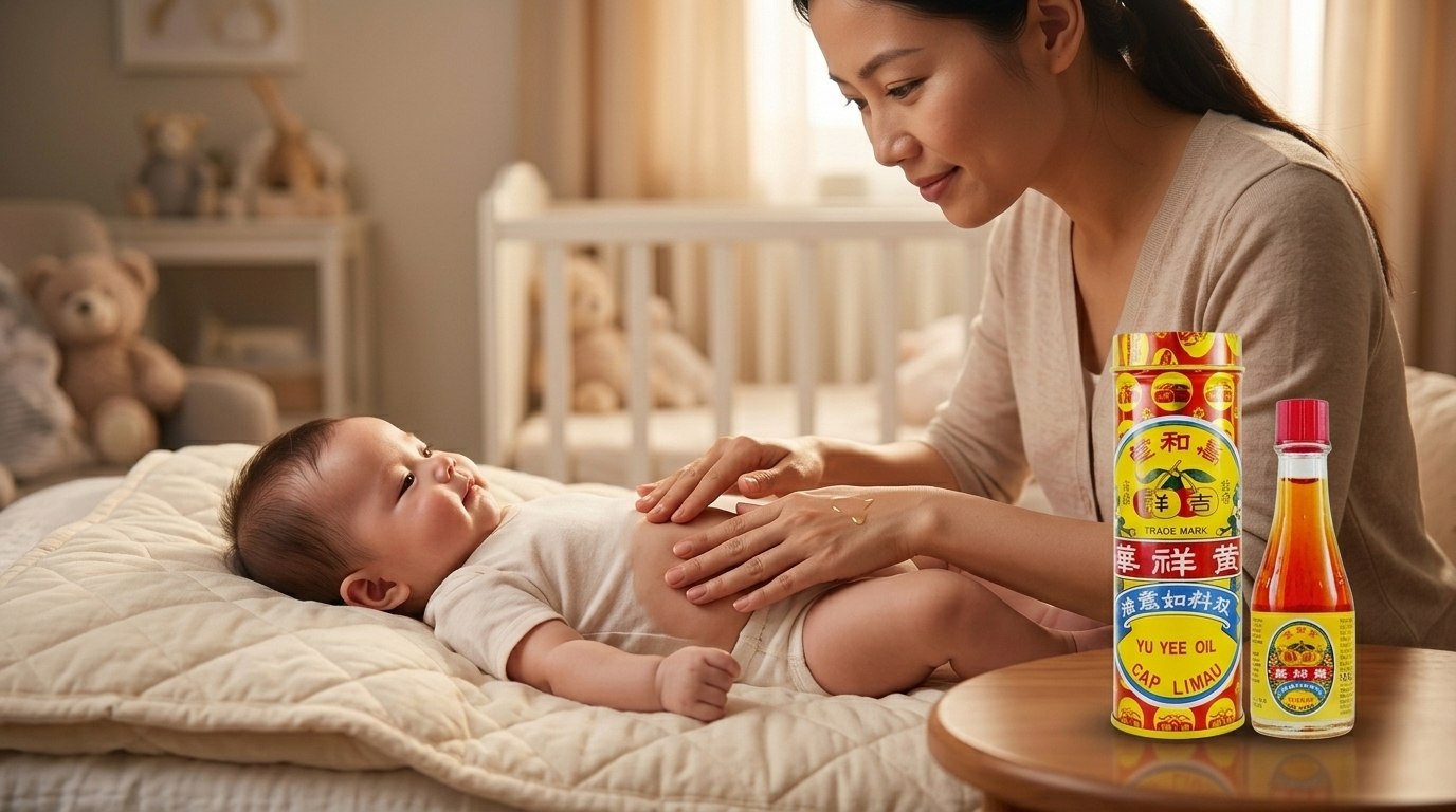 Mẹ massage bụng bé với Yu Yee Oil