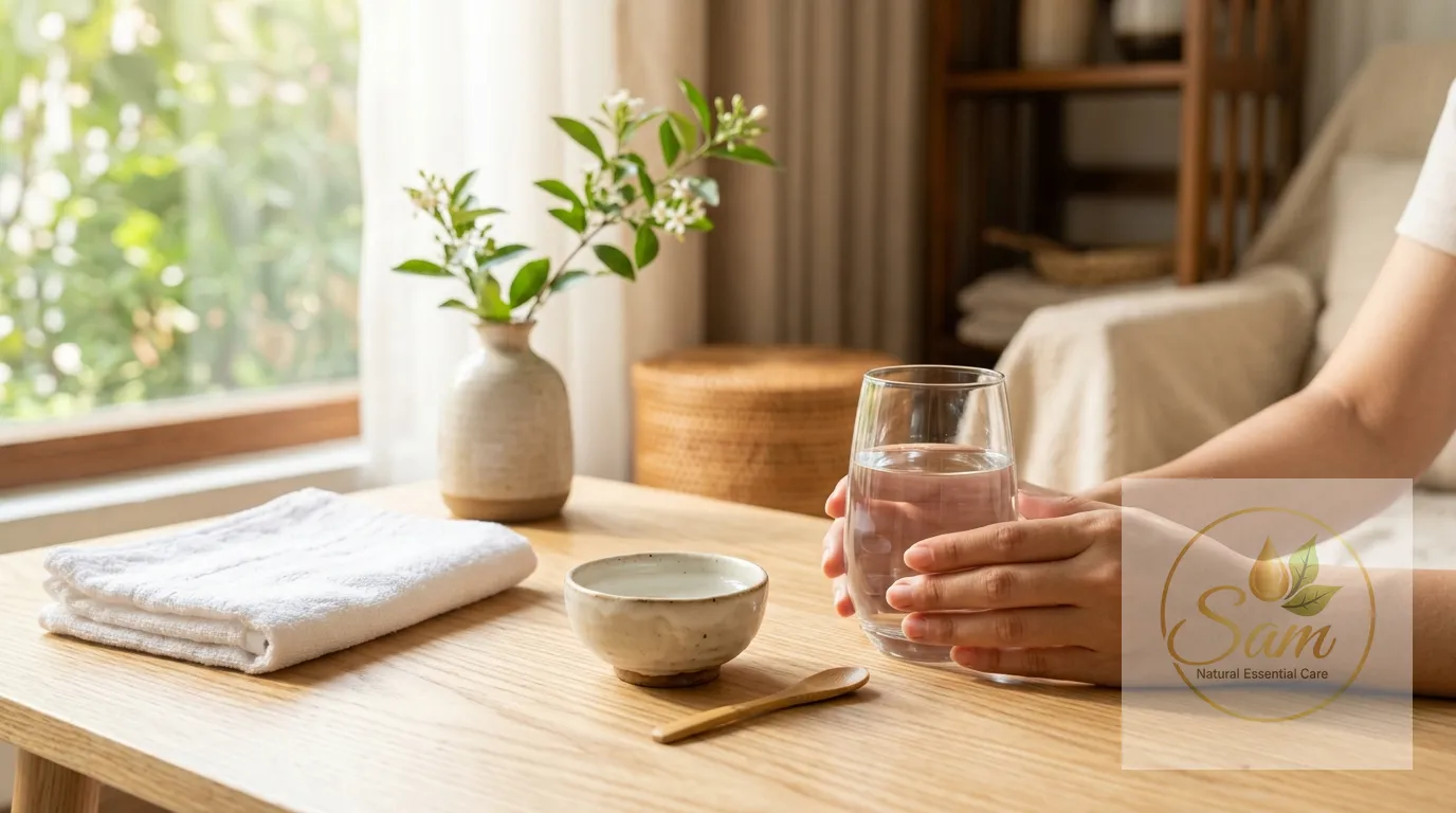 Ly nước lọc và chén nước muối sinh lý trên bàn gỗ — cách làm dịu khoang miệng đơn giản
