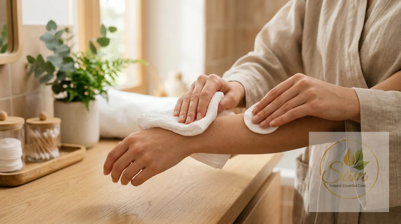 Lau bớt dầu trên da bằng khăn mềm và bông gòn