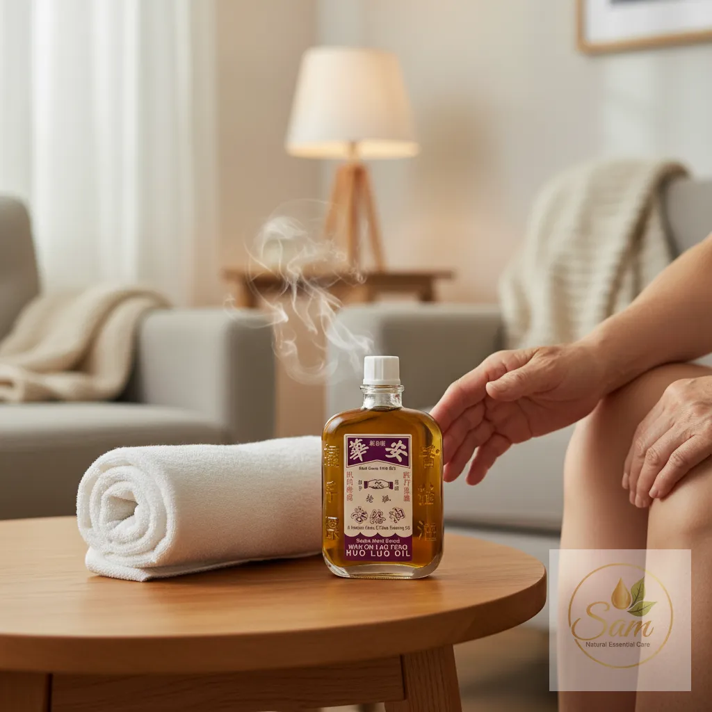 Lọ dầu thảo mộc Huo Luo Oil đặt cạnh khăn ấm, gợi ý dùng xoa bóp khớp gối tại nhà