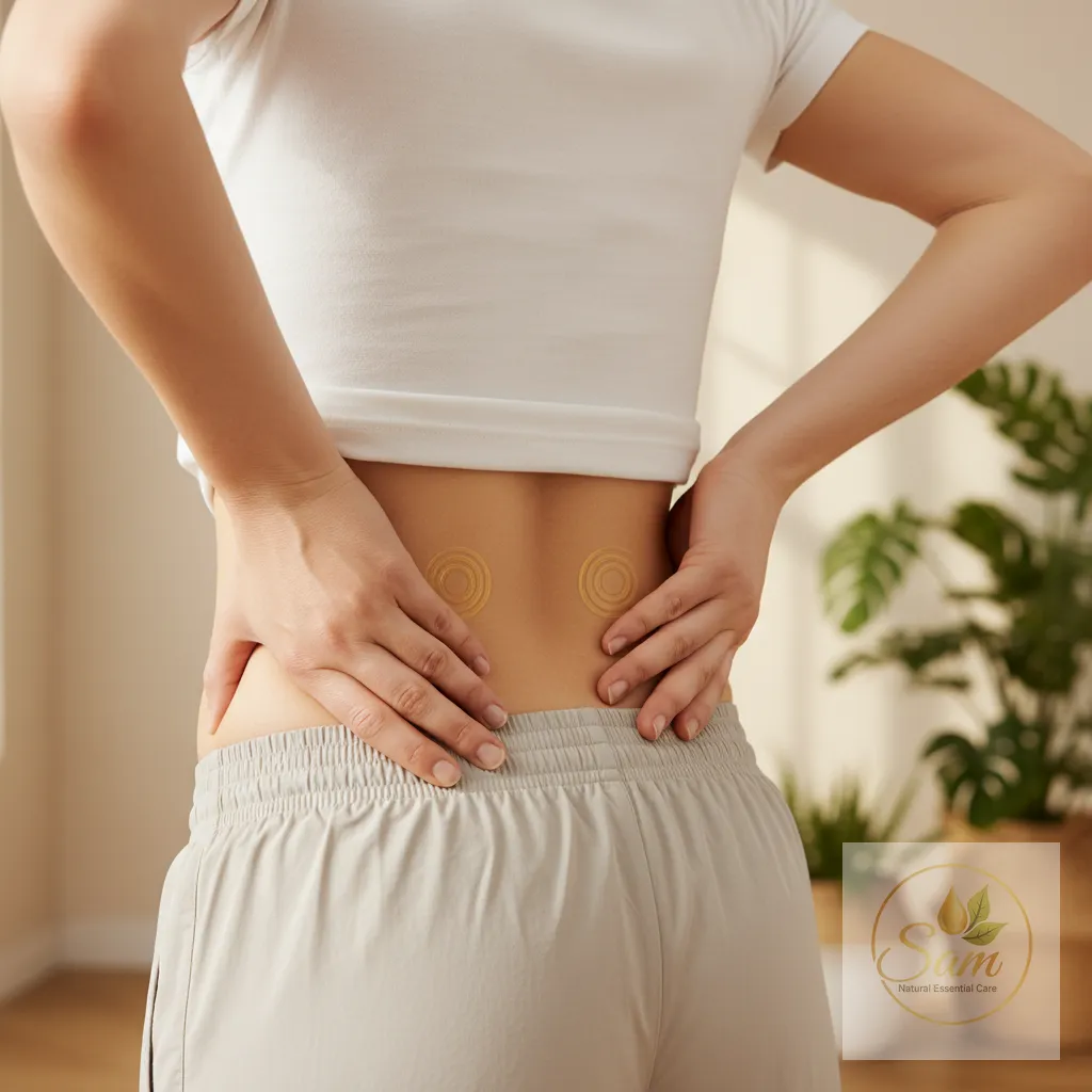 Minh hoạ động tác day cơ hai bên cột sống thắt lưng bằng ngón tay cái