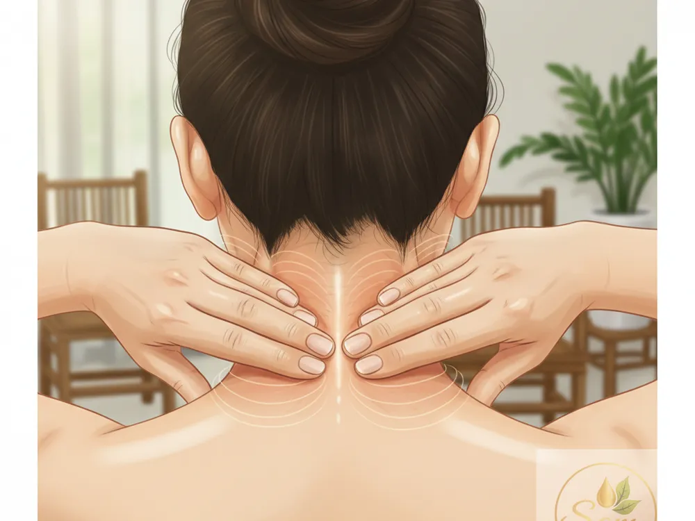Minh hoạ kỹ thuật day tròn bằng ngón tay dọc hai bên cơ cổ