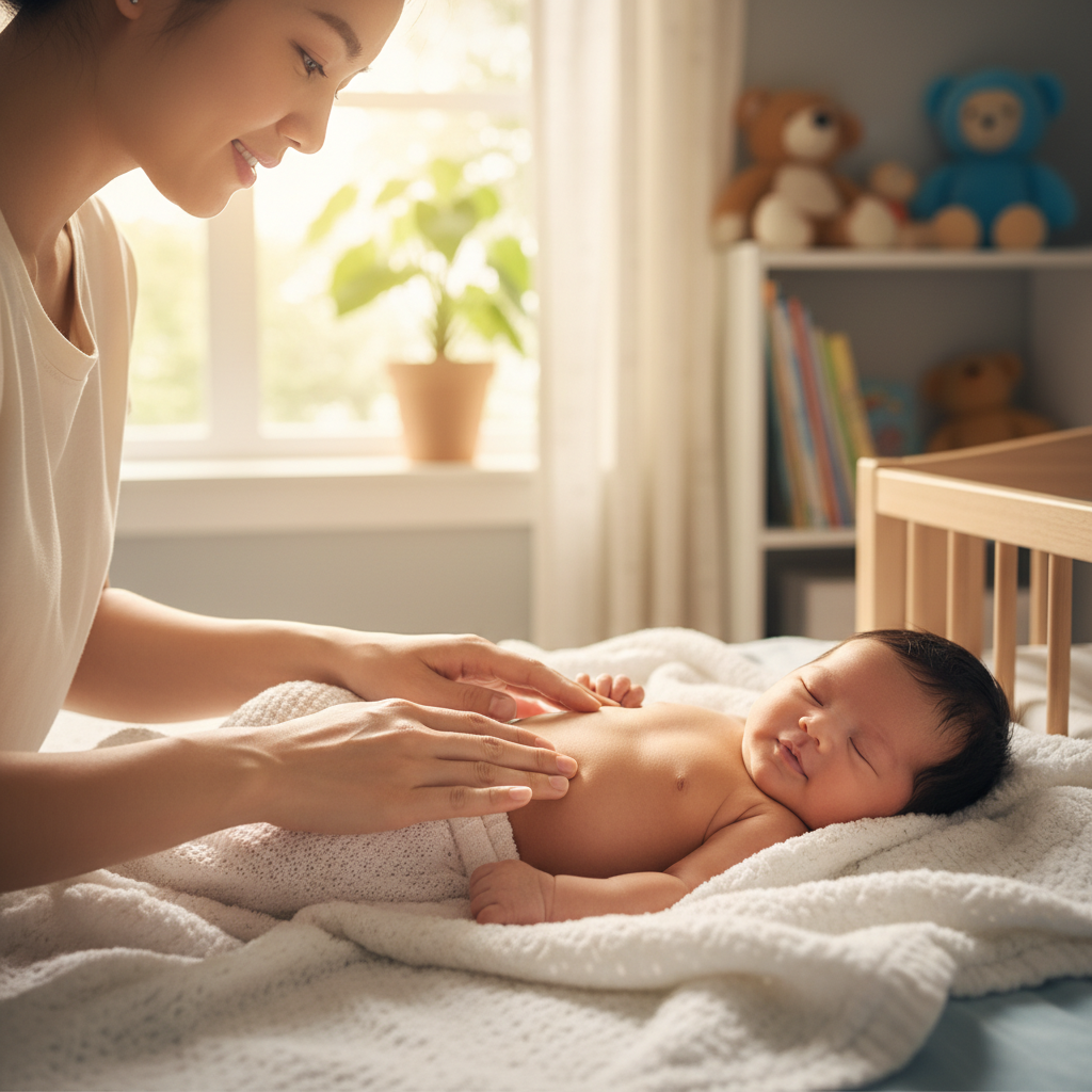 Mẹ đang massage bụng cho bé bị đầy hơi