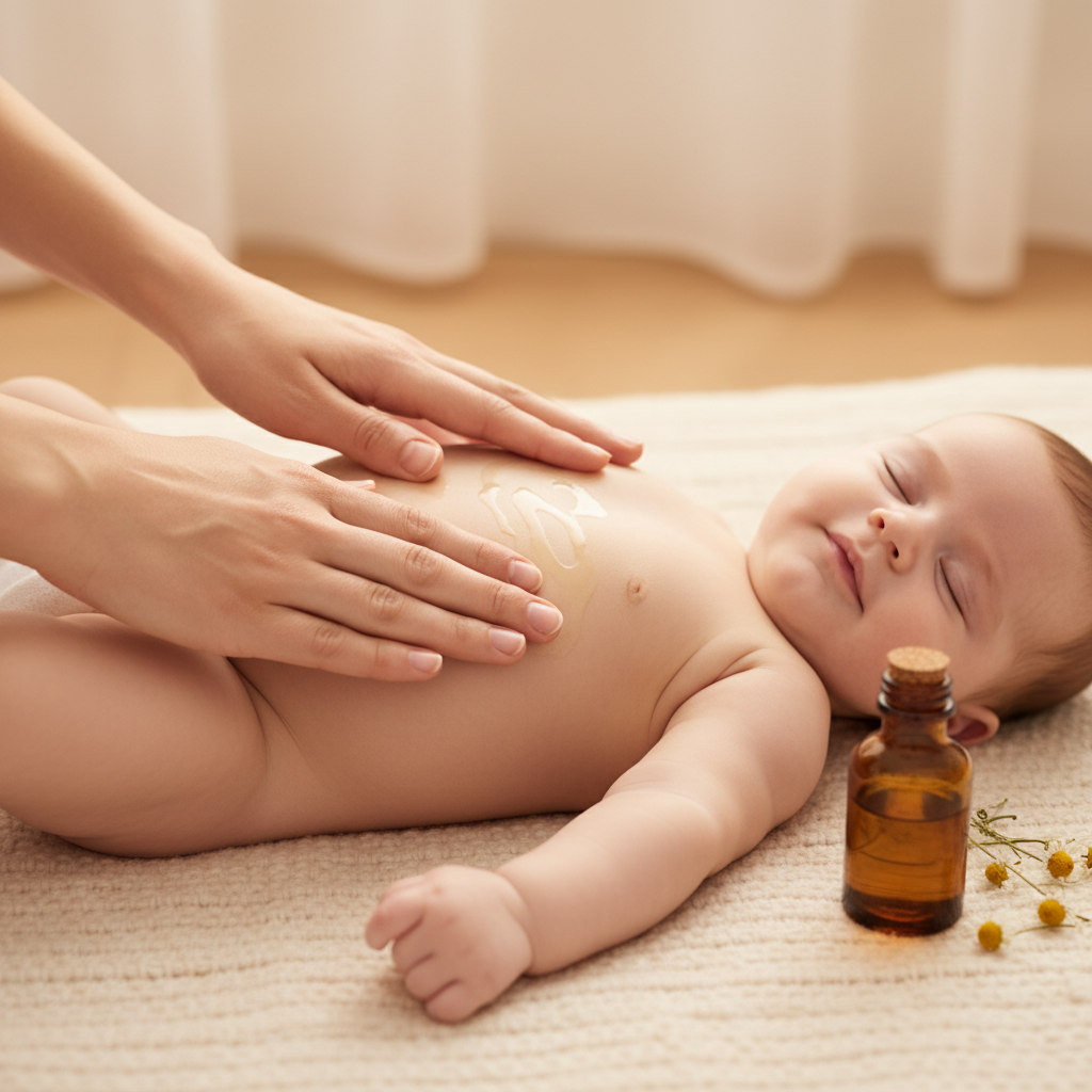 Các bước massage bụng bé đúng cách với Yu Yee Oil