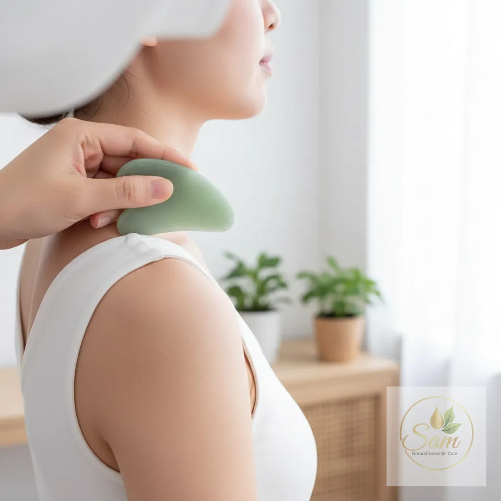 Minh họa góc nghiêng dụng cụ 30–45 độ khi miết xuôi theo cơ cổ vai gáy
