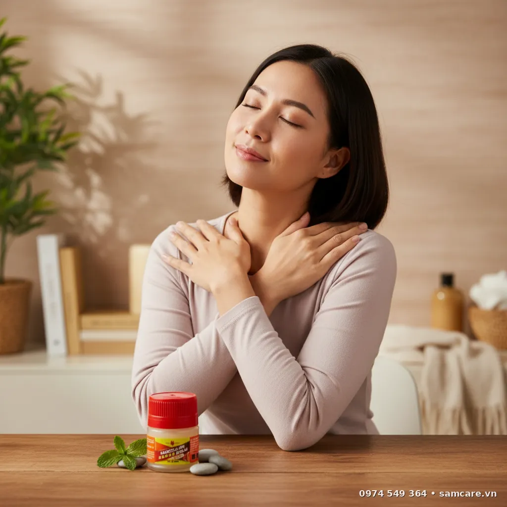 Người dùng massage vai gáy với Cù Là Con Ó Đỏ Eagle Brand Singapore