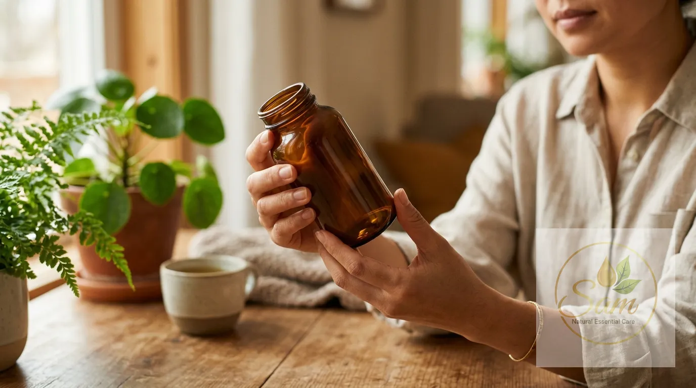 Lật chai dầu để đọc thông tin in ở mặt sau