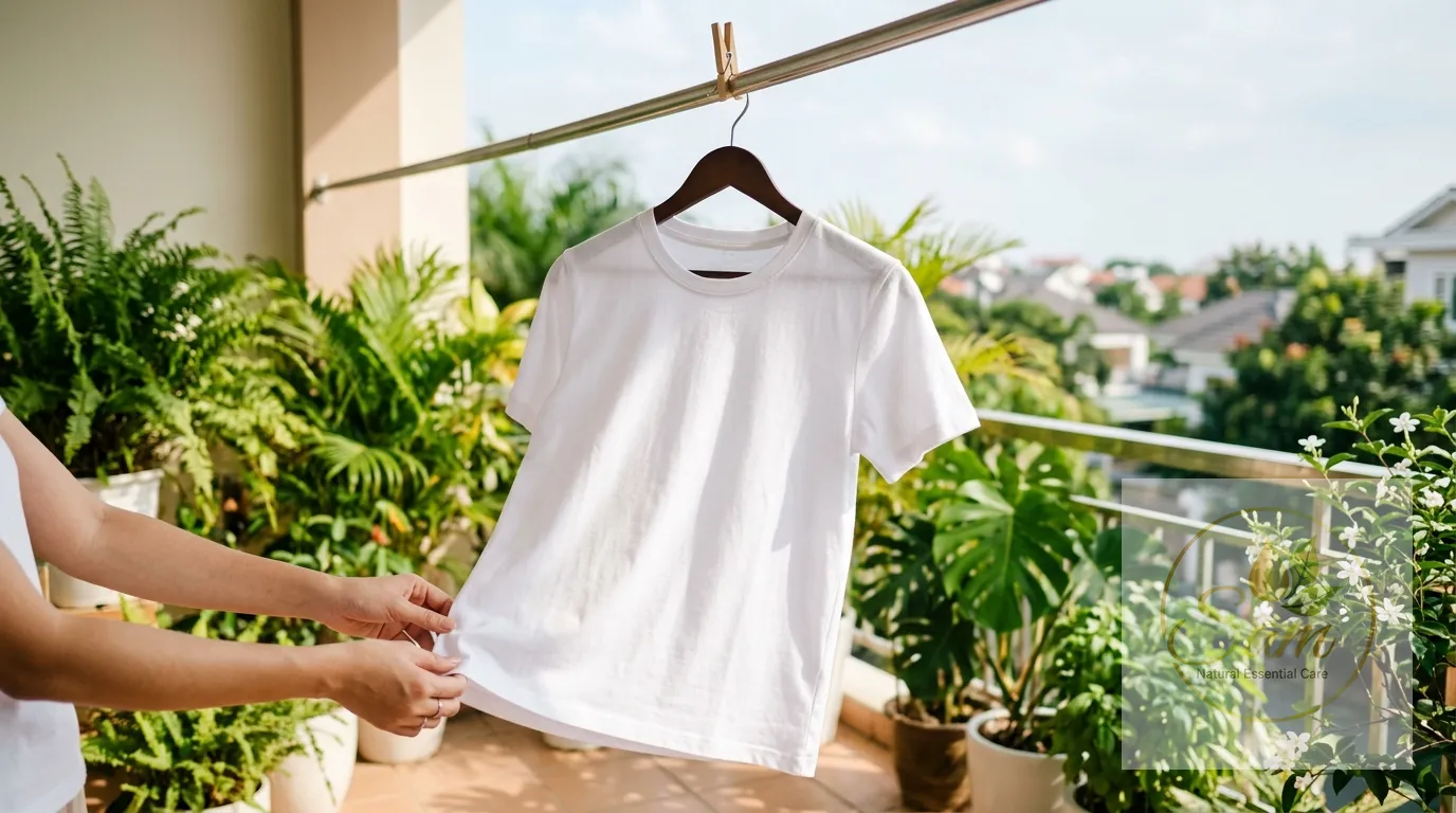 Áo cotton trắng đã sạch vết dầu, phơi nơi thoáng gió có nắng nhẹ