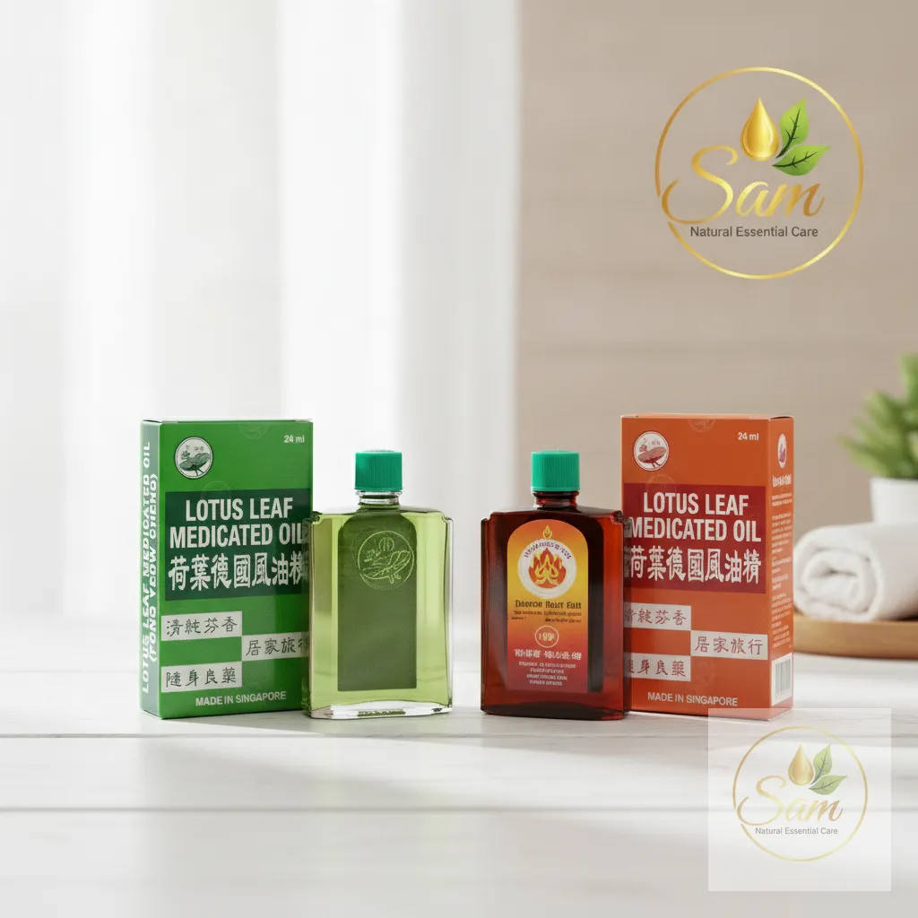 Dầu gió the mát và dầu nóng xoa bóp đặt cạnh nhau