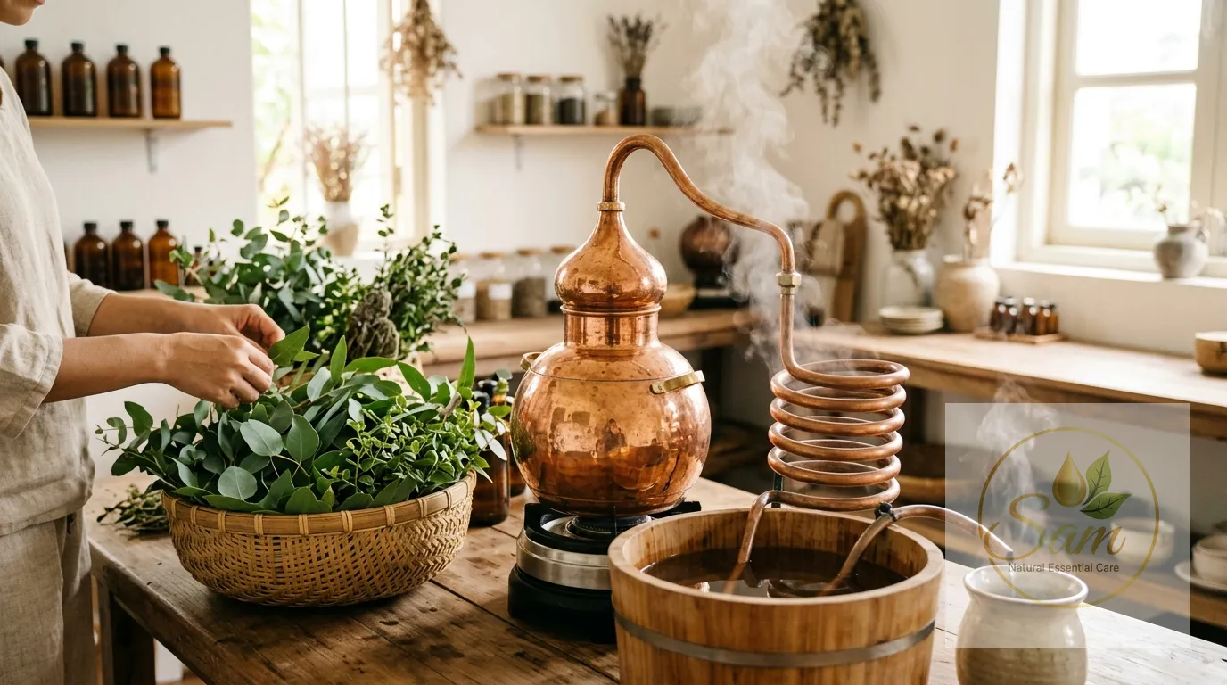 Chưng cất lôi cuốn hơi nước để lấy tinh dầu khuynh diệp