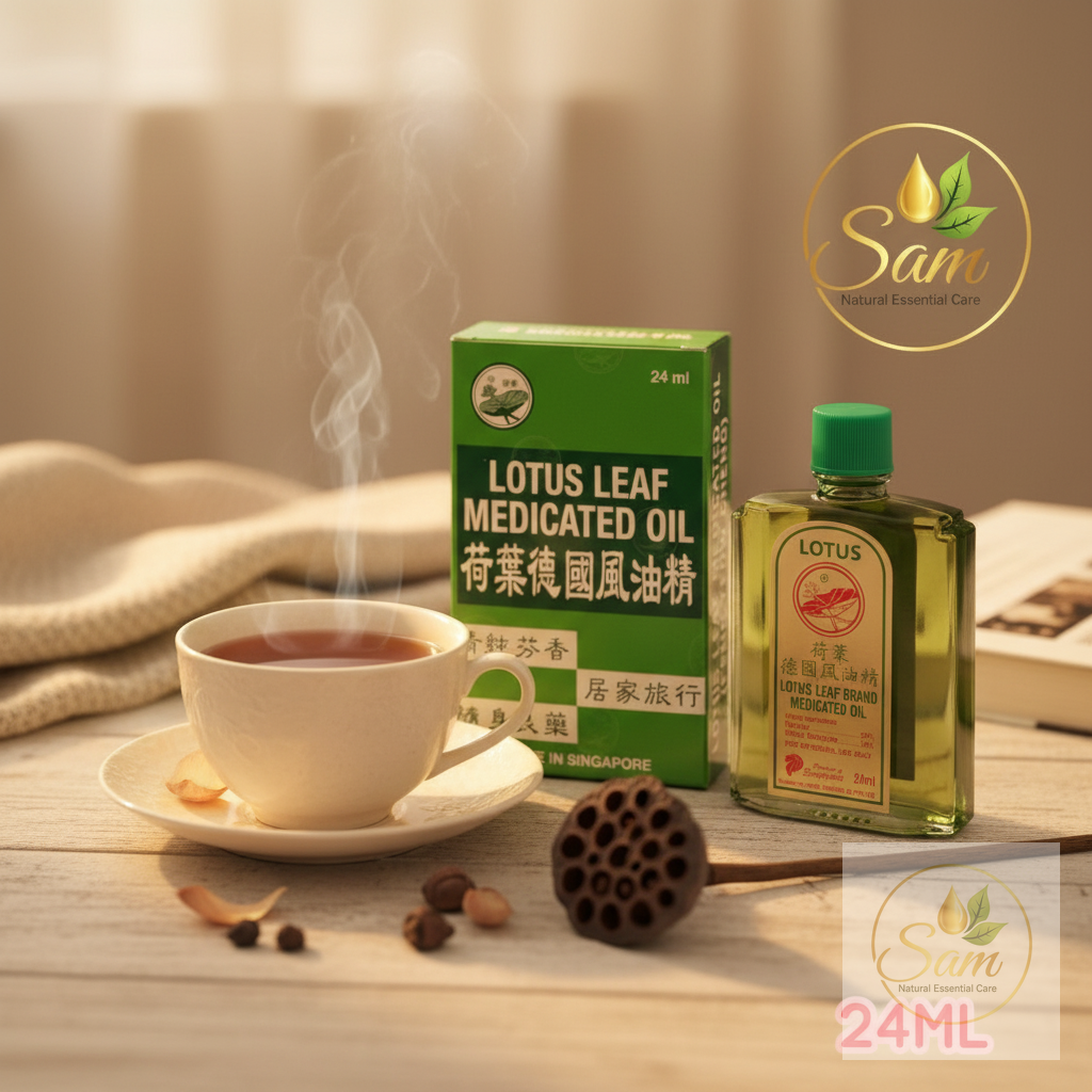 Chai Dầu Lá Sen đặt cạnh tách trà — khoảnh khắc thư giãn cuối ngày