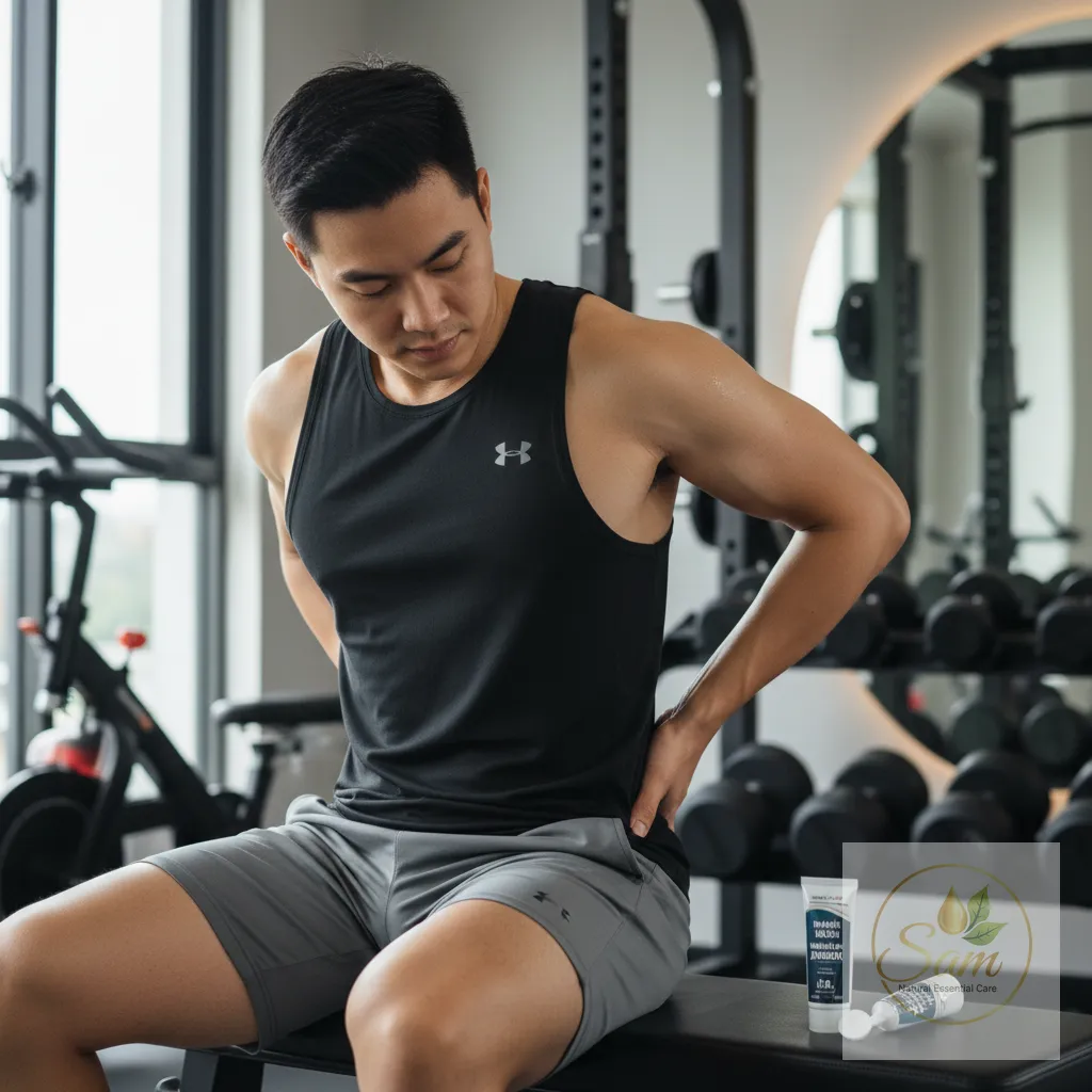 Vận động viên xoa Eagle Muscle Rub vào lưng sau gym