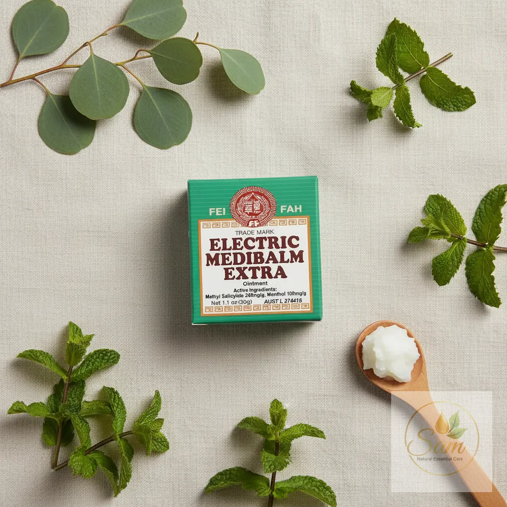 Fei Fah Medibalm bên cạnh lá khuynh diệp và bạc hà — minh hoạ thành phần thảo dược