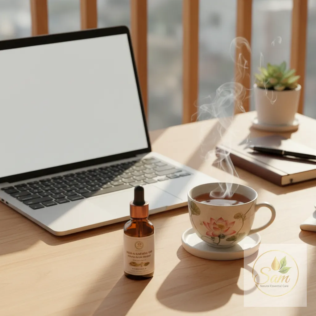 Huo Luo Oil chai thuỷ tinh trên bàn làm việc cùng laptop và tách trà