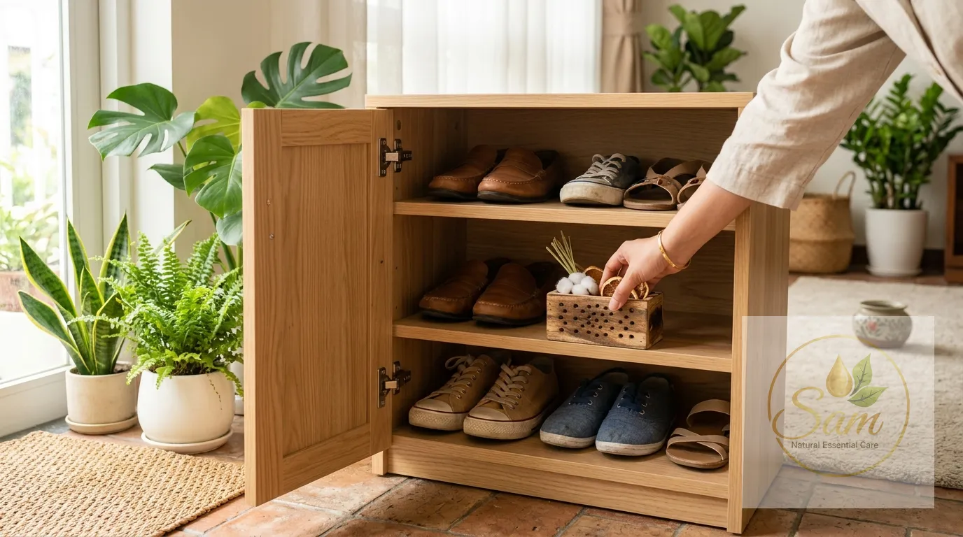 Đặt hộp gỗ đục lỗ đựng bông gòn vào góc tủ giày để khử mùi