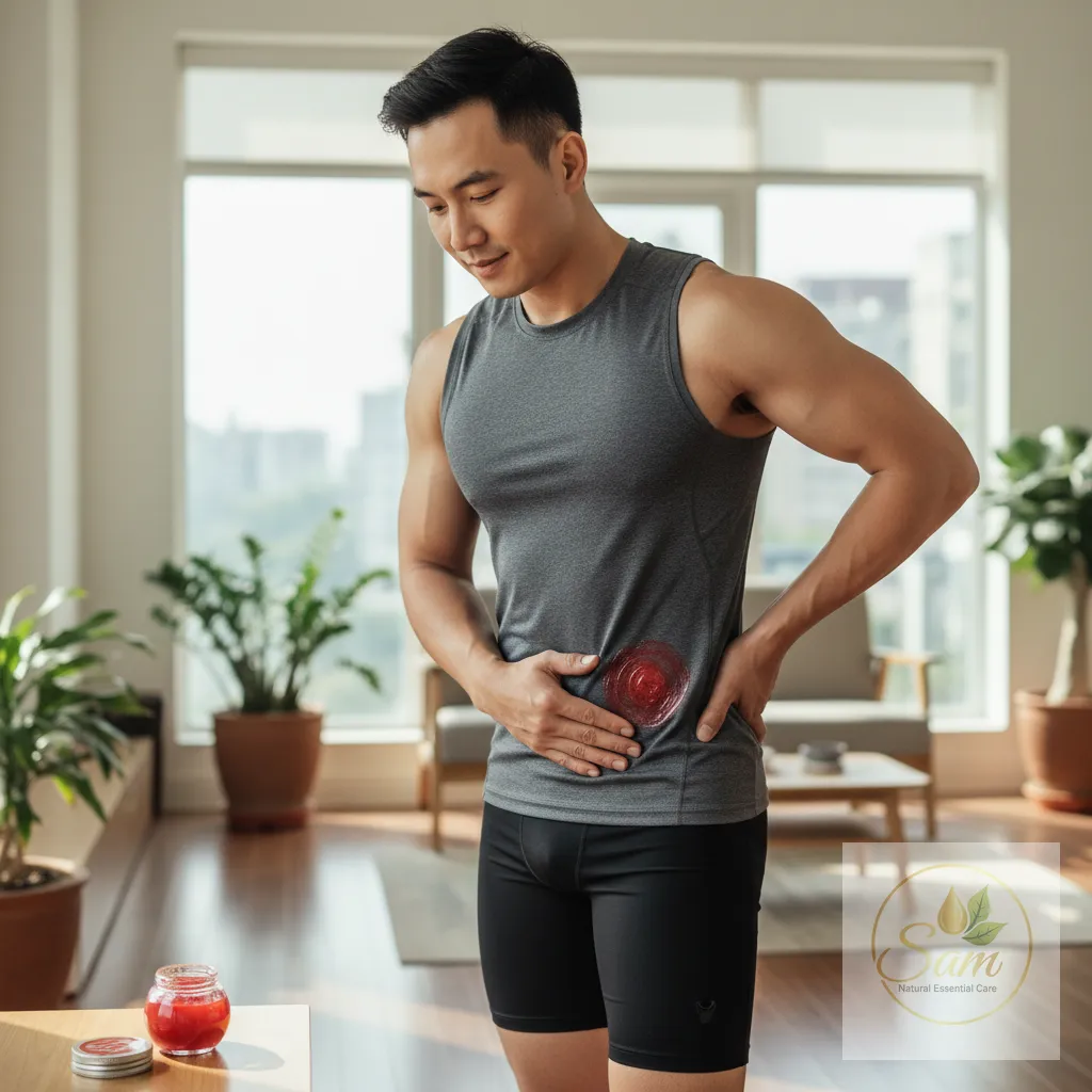 Người trẻ thoa cù là Con Ó Đỏ vào lưng sau tập gym