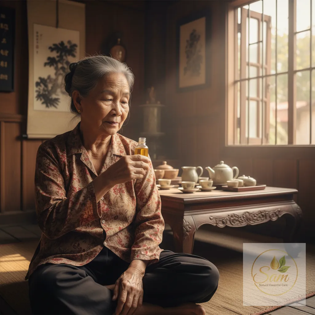 Bà cụ xoa dầu Con Ó Vàng vào vai gáy mùa lạnh