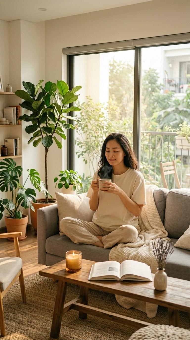 Không gian thư giãn với trà và nến