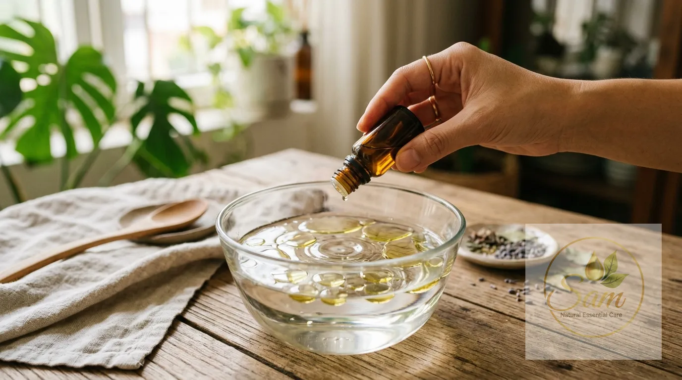 Nhỏ dầu vào bát nước, các giọt dầu nổi tách lớp trên mặt nước